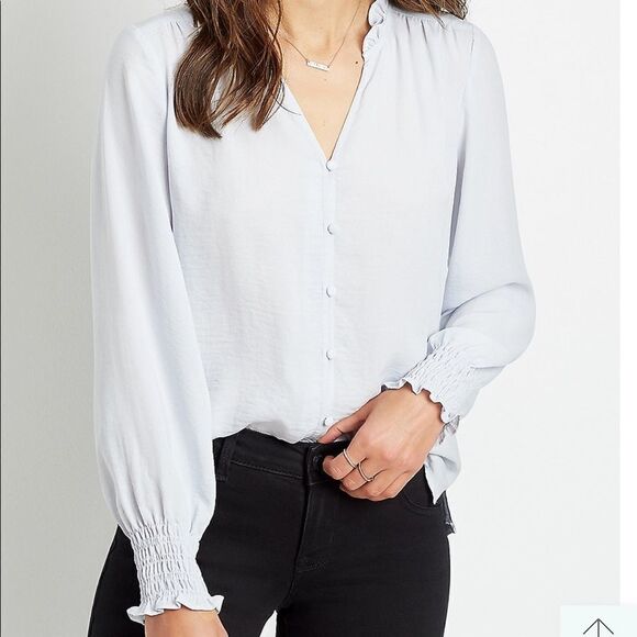 maurices 1X Light Blue Silky Cotton Back Combo Button Down Long Sleeve Blouse - Picture 1 of 14
